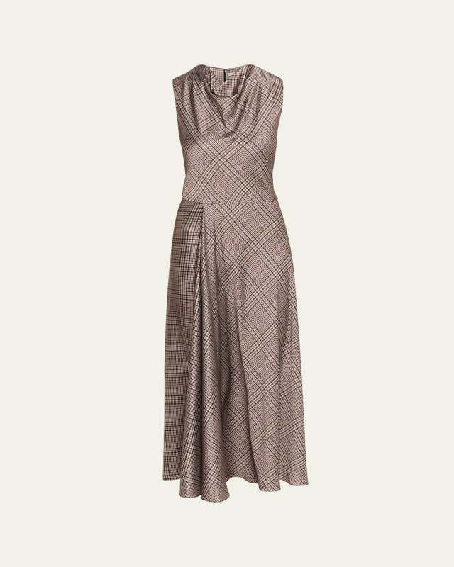 Pressed Plaid Cowl-Neck Dress